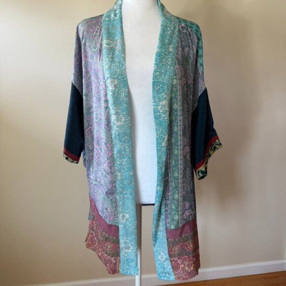 Karma Highway Patchwork Multi Art Silk Kimono Boho Coverup - Picture 1 of 8